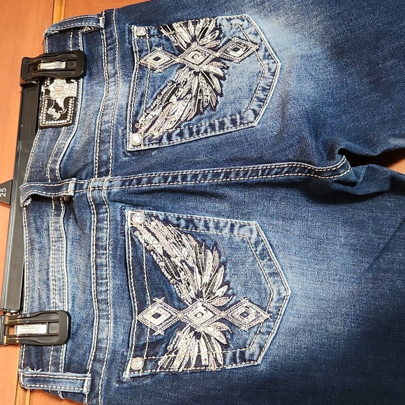 Miss Me Dark Blue Boot Cut Jeans Blingy Rhinestone Pockets - Picture 4 of 7